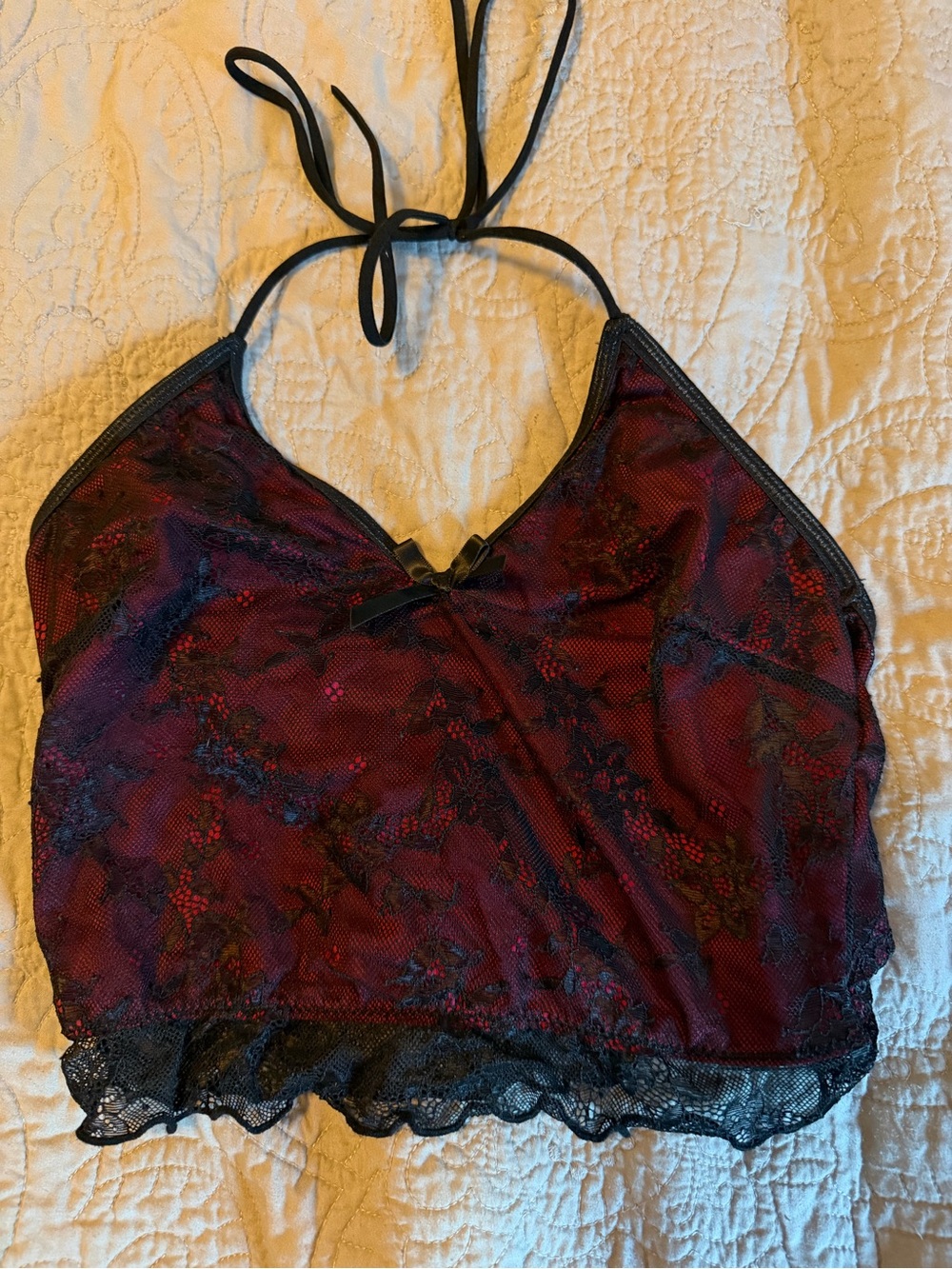 Goth alt Fairygrunge Lace Halter cropped Tank Top - Burgundy and black